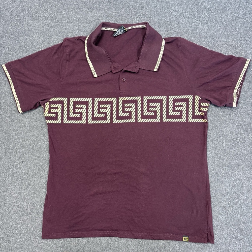 Casa Moda Couture Polo Shirt XL Burgundy Greek Key Trim Short Sleeve